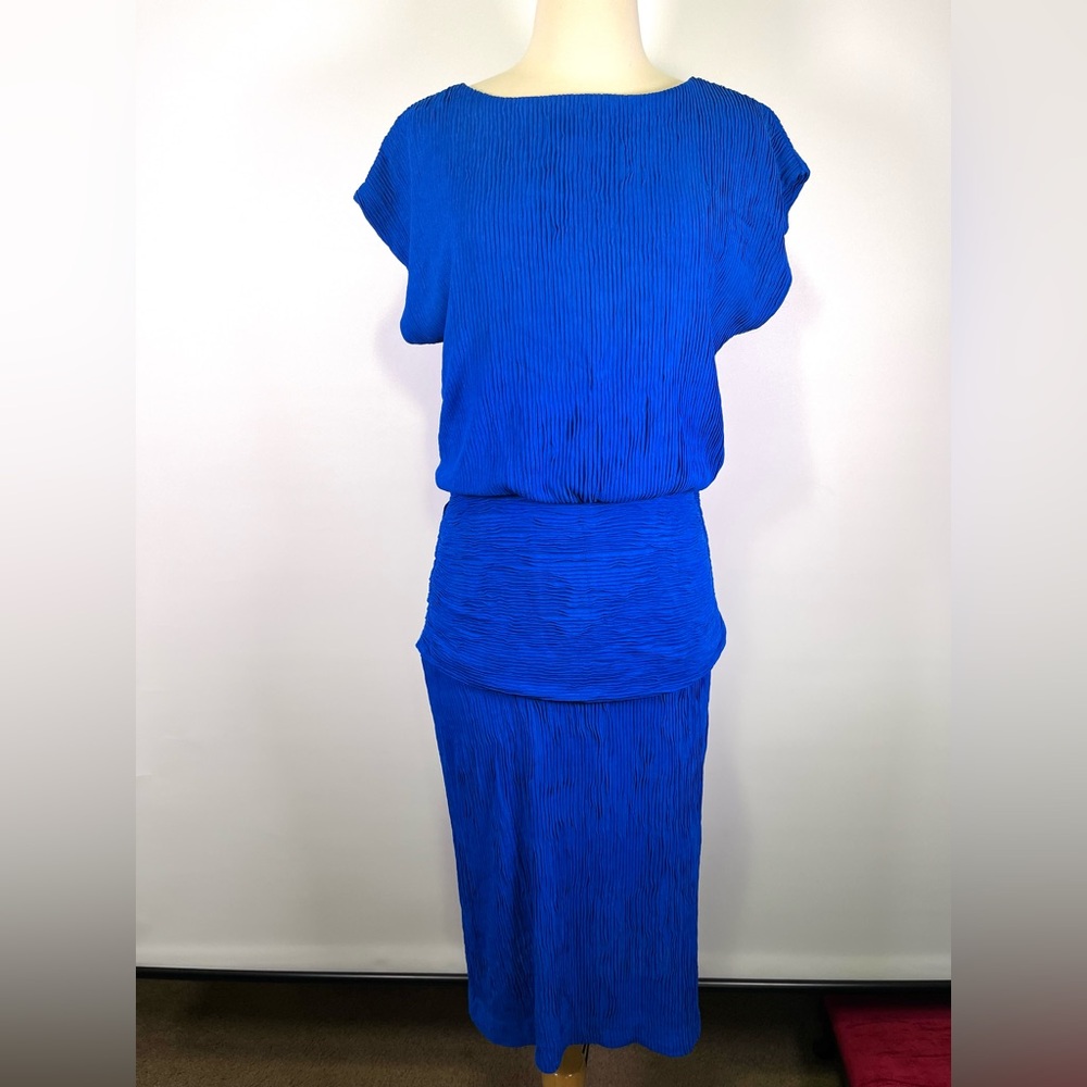 VTG 80s L.T.D. Roberta Blue Pleated Midi Drop Waist Dress Sz S/M Avant garde - Picture 3 of 10